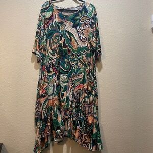 PLUS SIZE LA BASS  GREEN/MULTI PATTERNED JERSEY LONG A-LINE DRESS size 22/24